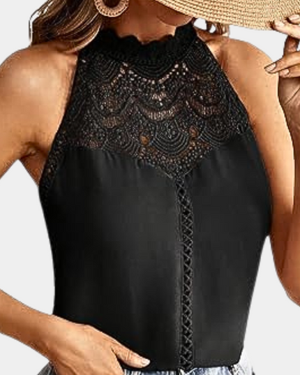 Black lace halter tank close-up front view with ornate crochet neckline and lace detailing
