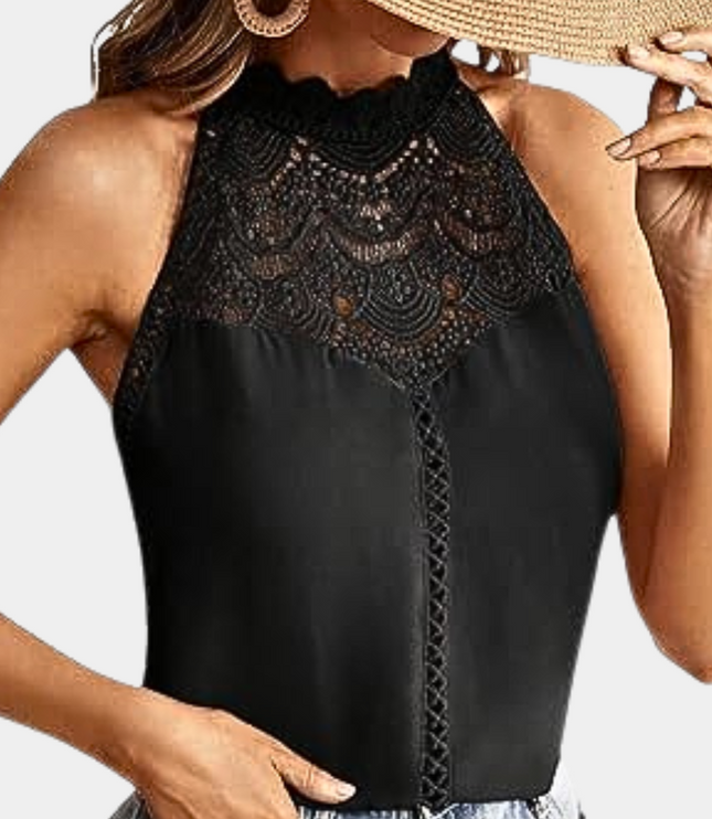 Black lace halter tank close-up front view with ornate crochet neckline and lace detailing