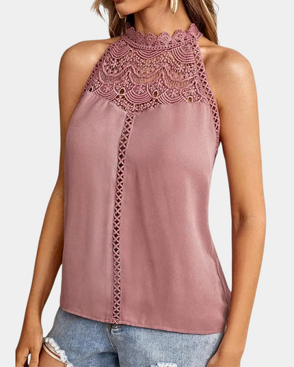 Mauve lace halter tank top with decorative crochet yoke and lace-up back detail