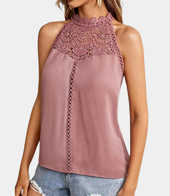 Mauve lace halter tank top with decorative crochet yoke and lace-up back detail