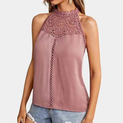 Mauve lace halter tank top with decorative crochet yoke and lace-up back detail