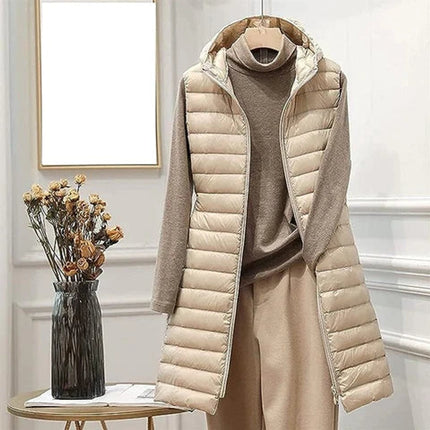 Wollmantel Damen Ärmellose Lange Steppweste mit Kapuze - Khaki