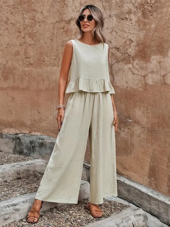 Cream crew neck loungewear top with ruffle hem and wide leg pants set