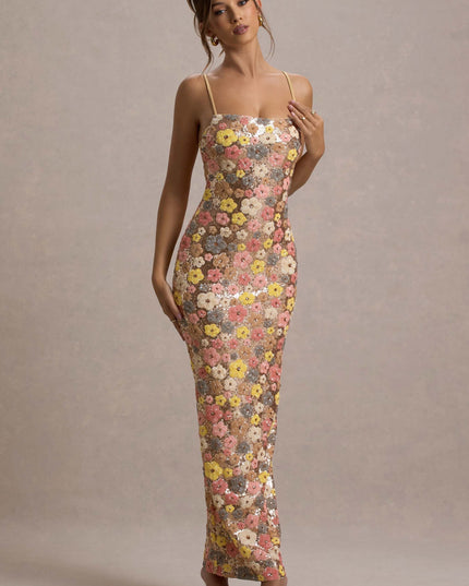 Women's Slim Strap Floral Maxi Sequin Dress