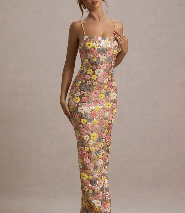 Women's Slim Strap Floral Maxi Sequin Dress
