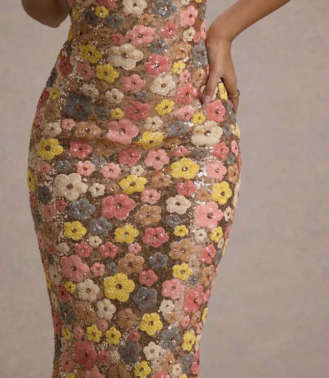 Women's Slim Strap Floral Maxi Sequin Dress