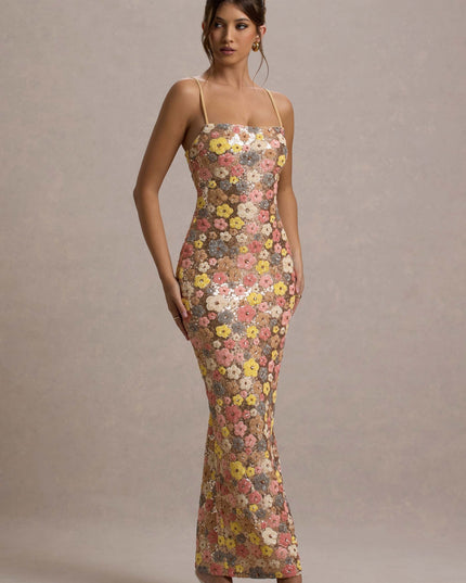 Women's Slim Strap Floral Maxi Sequin Dress
