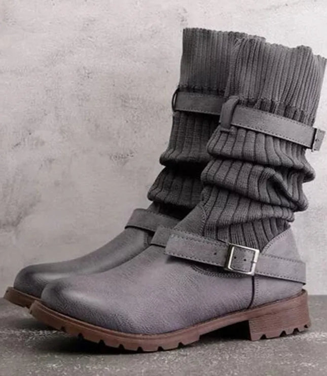 Rowena | Women's Winter Boots with Slouch Knit Shaft - Taupe - Image 3