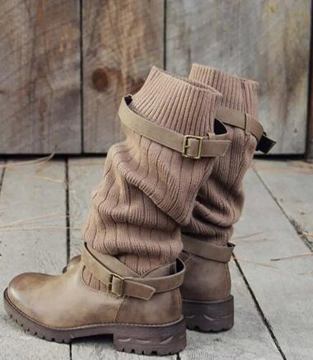 Rowena | Women's Winter Boots with Slouch Knit Shaft - Taupe - Image 5