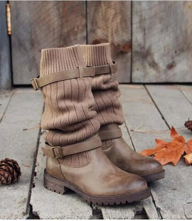 Rowena | Women's Winter Boots with Slouch Knit Shaft - Taupe - Image 1