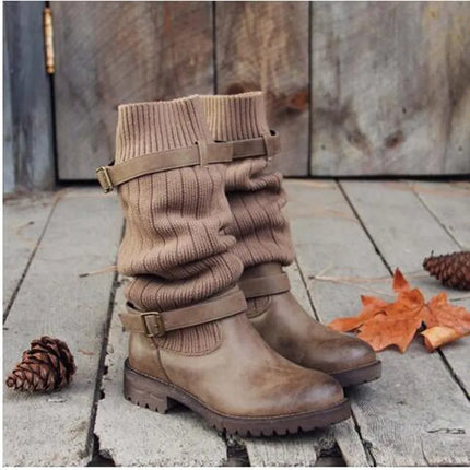 Rowena | Women's Winter Boots with Slouch Knit Shaft - Taupe - Image 1