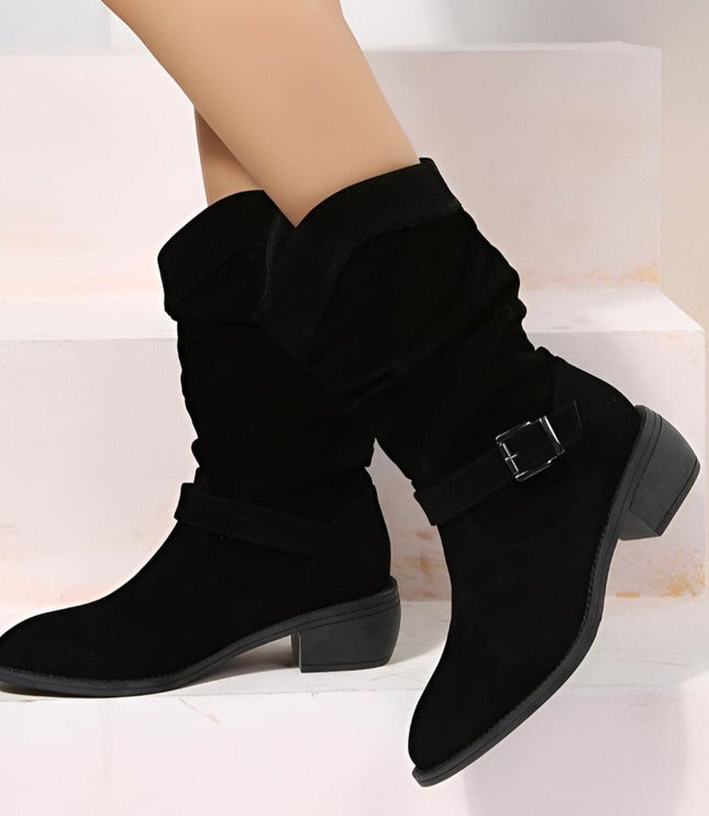 Women's Slouchy Faux Suede Mid-Calf Knee High Boots Block Heel - Black