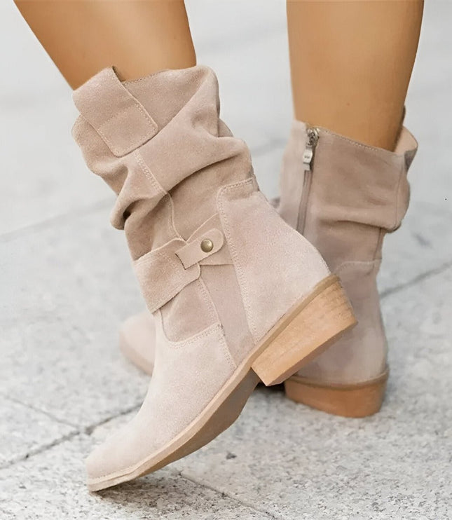 Women's Slouchy Faux Suede Mid-Calf Knee High Boots Block Heel - Beige