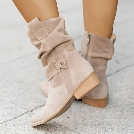 Women's Slouchy Faux Suede Mid-Calf Knee High Boots Block Heel - Beige