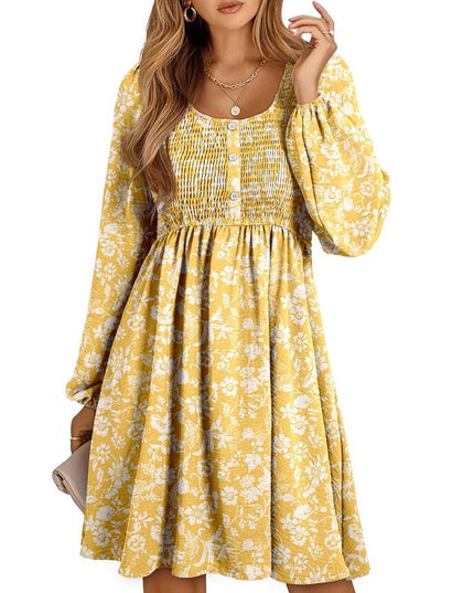 Yellow floral long sleeve mini dress with smocked empire waist and button front