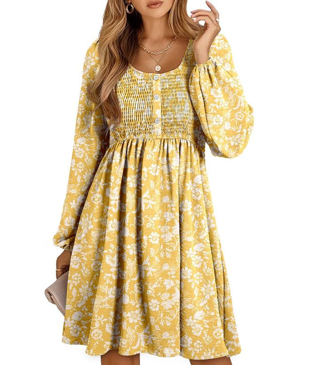 Yellow floral long sleeve mini dress with smocked empire waist and button front