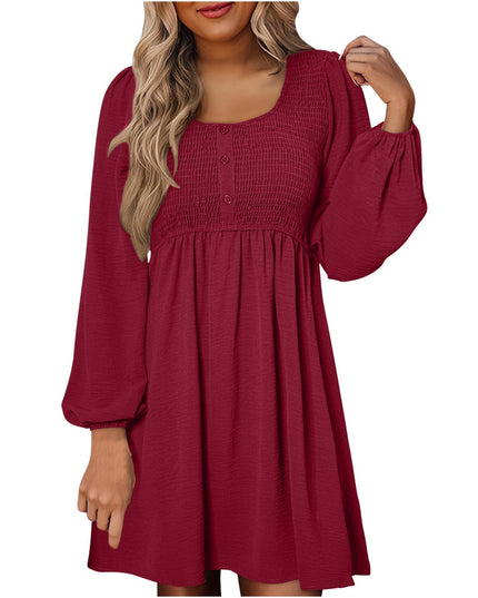 Burgundy smocked empire waist mini dress with long balloon sleeves