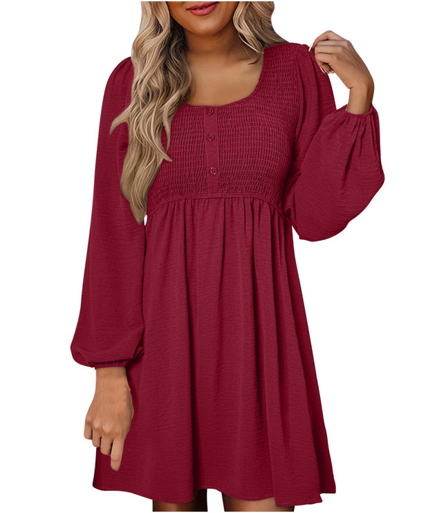 Burgundy smocked empire waist mini dress with long balloon sleeves