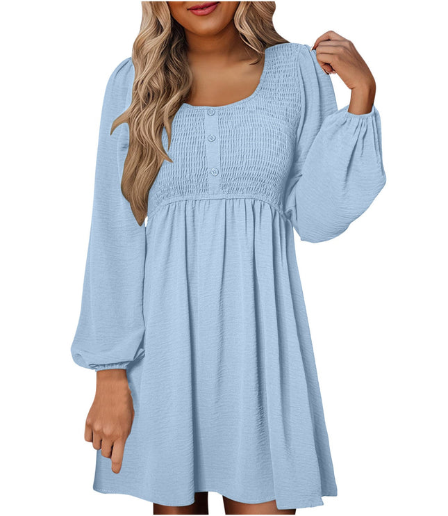 Light blue smocked empire waist mini dress with long balloon sleeves