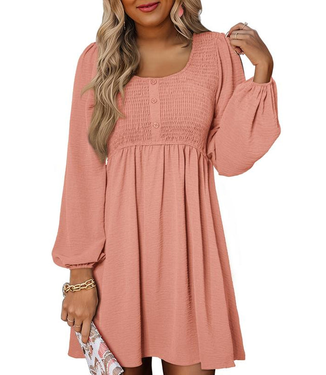 Dusty rose smocked empire waist mini dress with long puffed sleeves