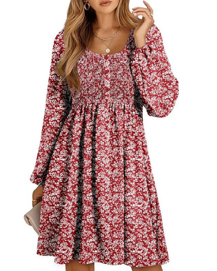 Red floral smocked empire waist mini dress with long balloon sleeves
