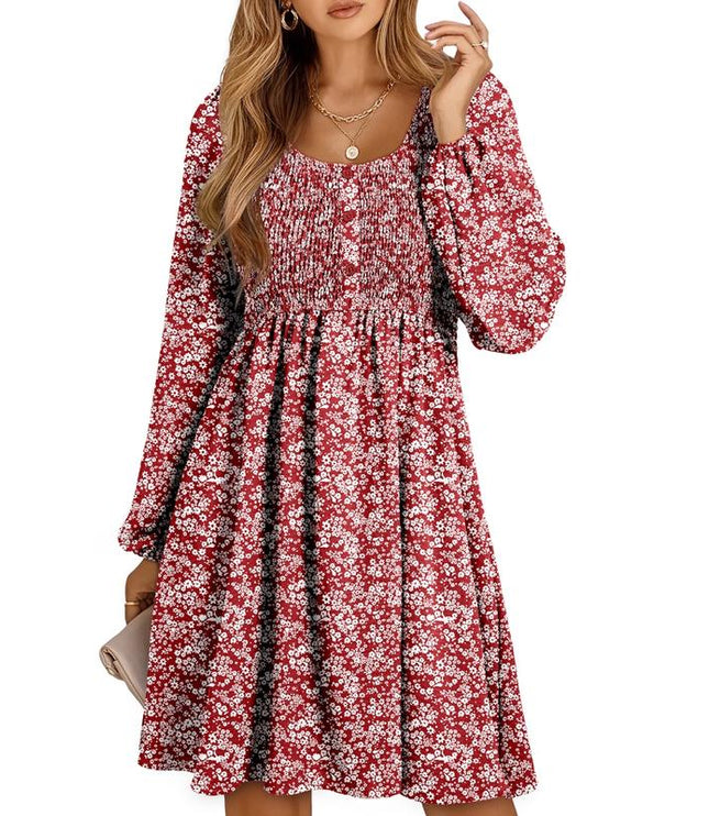 Red floral smocked empire waist mini dress with long balloon sleeves