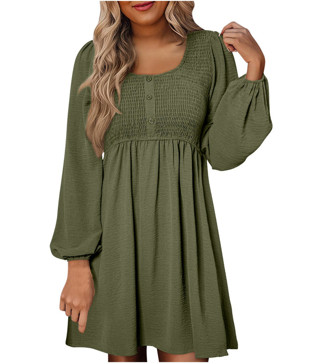 Olive green smocked empire waist mini dress with long puffed sleeves