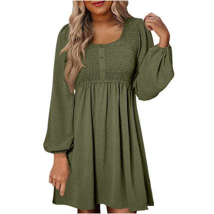 Olive green smocked empire waist mini dress with long puffed sleeves