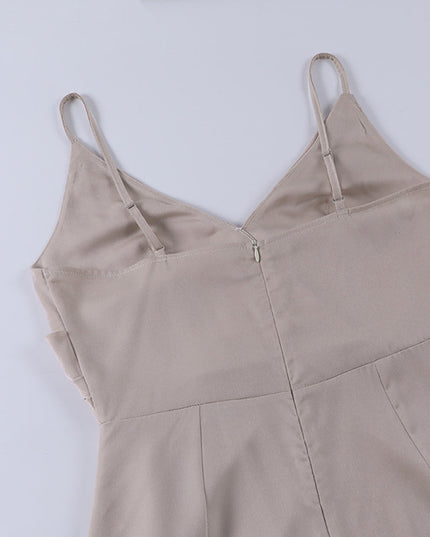Cream spaghetti strap maxi dress back view showing v-neckline
