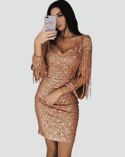 Women's Split Sleeve Fringe Mini Sequin Dress