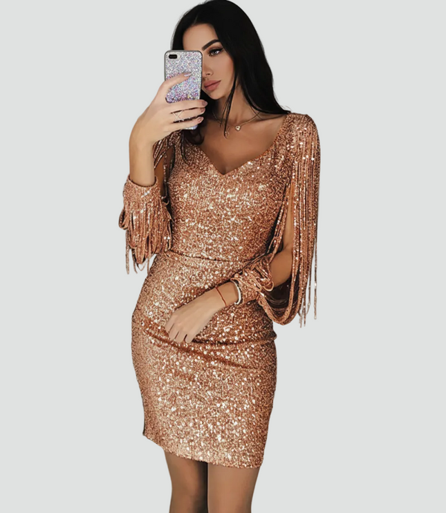 Women's Split Sleeve Fringe Mini Sequin Dress