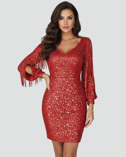 Women's Split Sleeve Fringe Mini Sequin Dress