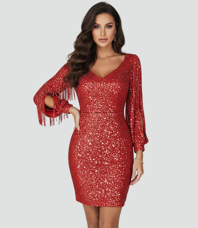Women's Split Sleeve Fringe Mini Sequin Dress
