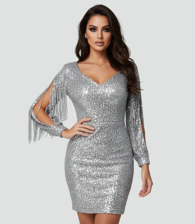 Women's Split Sleeve Fringe Mini Sequin Dress