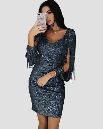 Women's Split Sleeve Fringe Mini Sequin Dress