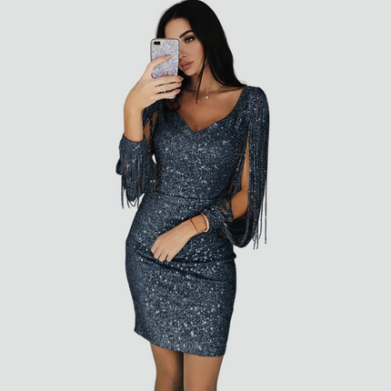 Women's Split Sleeve Fringe Mini Sequin Dress