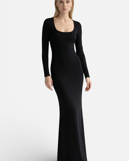 Front view of black square neck maxi dress with long sleeves and bodycon fit