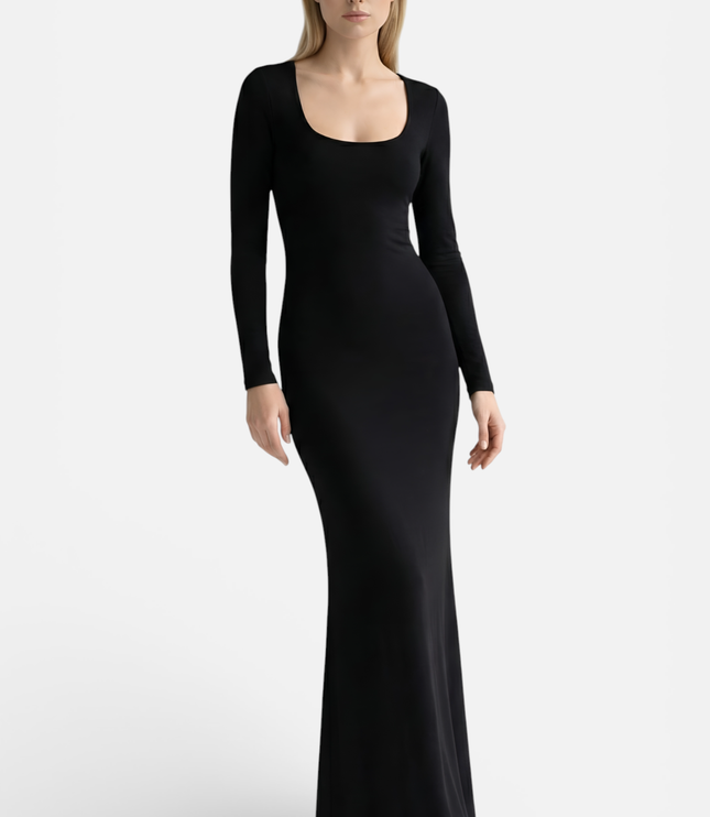 Front view of black square neck maxi dress with long sleeves and bodycon fit
