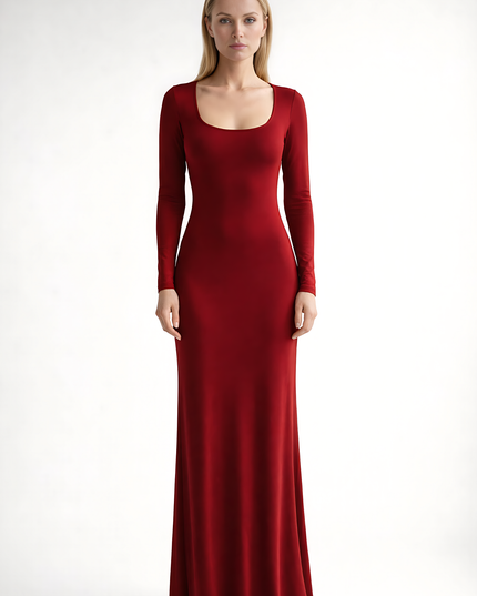Close-up of red square neck long sleeve maxi dress showing neckline seam and fitted sleeve