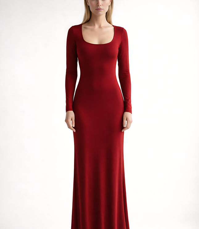 Close-up of red square neck long sleeve maxi dress showing neckline seam and fitted sleeve
