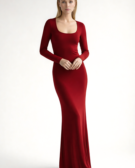 Red long sleeve maxi dress with square neckline, bodycon fit, and flowing hem