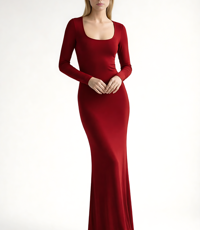 Red long sleeve maxi dress with square neckline, bodycon fit, and flowing hem