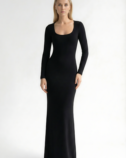 Black square neck long sleeve maxi dress with fitted silhouette and floor-length hem