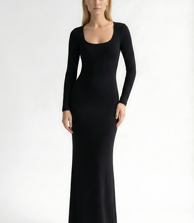 Black square neck long sleeve maxi dress with fitted silhouette and floor-length hem