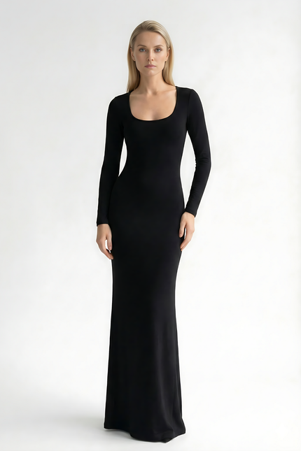 Black square neck long sleeve maxi dress with fitted silhouette and floor-length hem