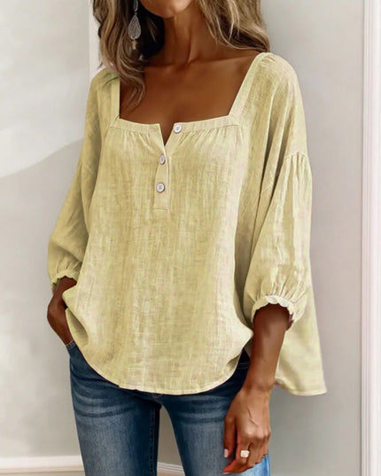 Pale yellow linen square neck puff sleeve button top with gathered sleeves