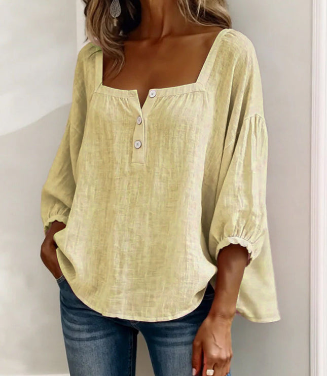 Pale yellow linen square neck puff sleeve button top with gathered sleeves