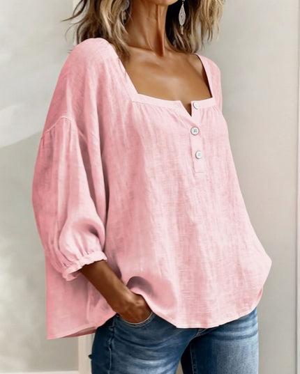 Pink linen puff sleeve top with square neckline and button front detail