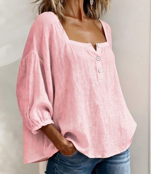 Pink linen puff sleeve top with square neckline and button front detail