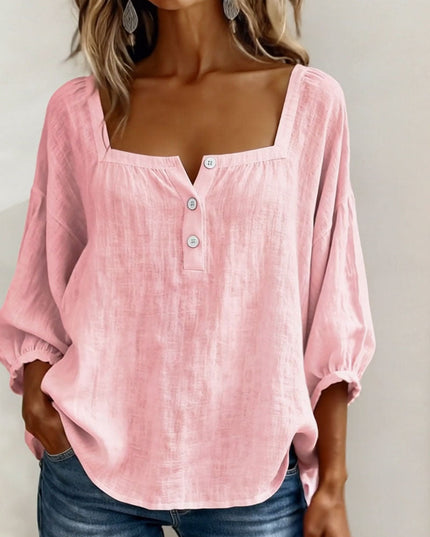 Pink square neck puff sleeve button top with voluminous three-quarter sleeves